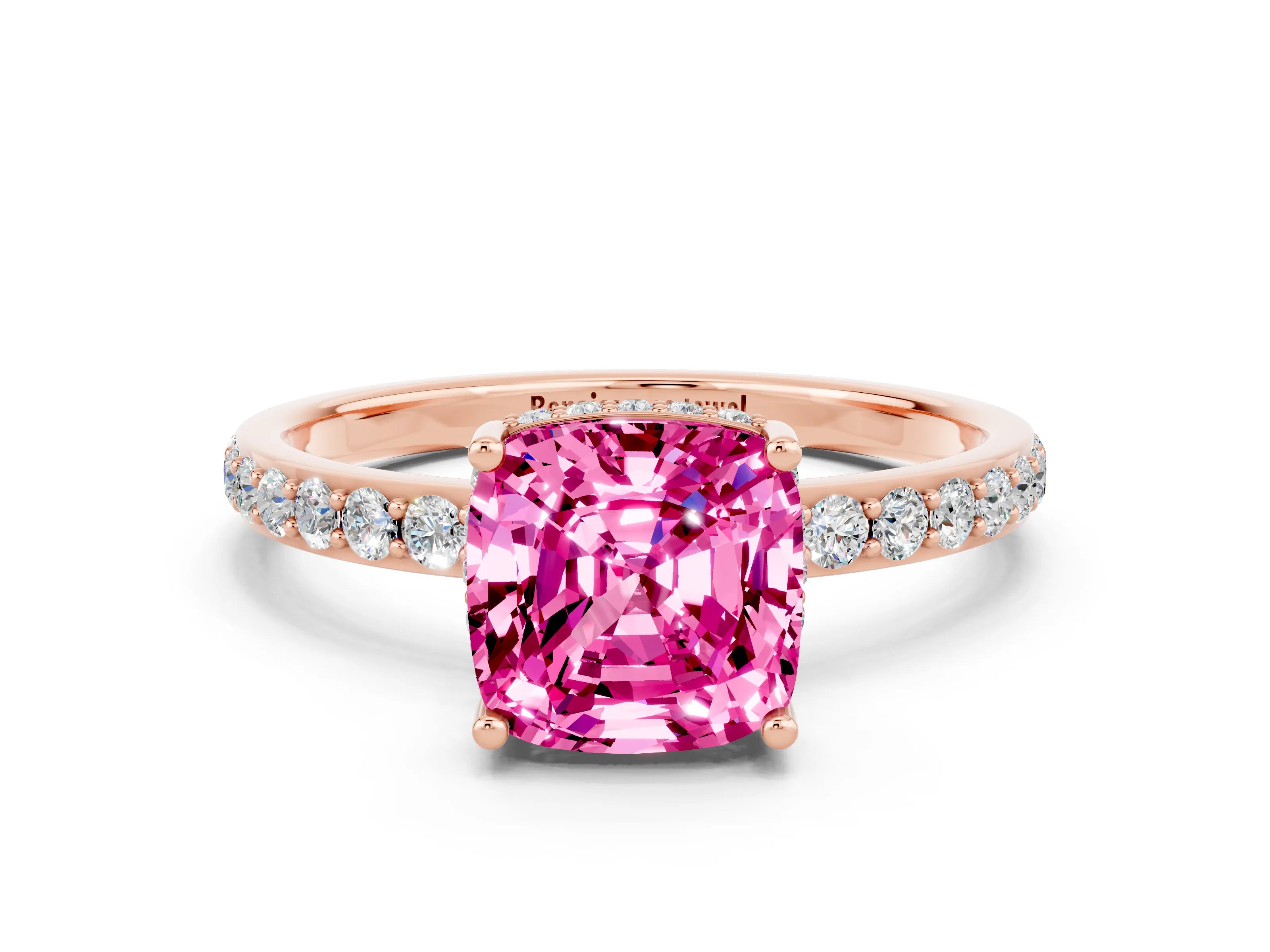 Rose gold Cushion Cut Pink Sapphire Solitaire Ring with Pavé Band and Hidden Halo_12