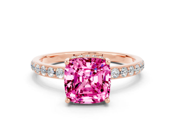 Rose gold Cushion Cut Pink Sapphire Solitaire Ring with Pavé Band and Hidden Halo