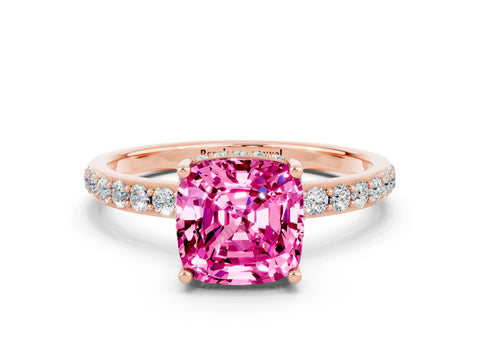 Rose gold Cushion Cut Pink Sapphire Solitaire Ring with Pavé Band and Hidden Halo_12