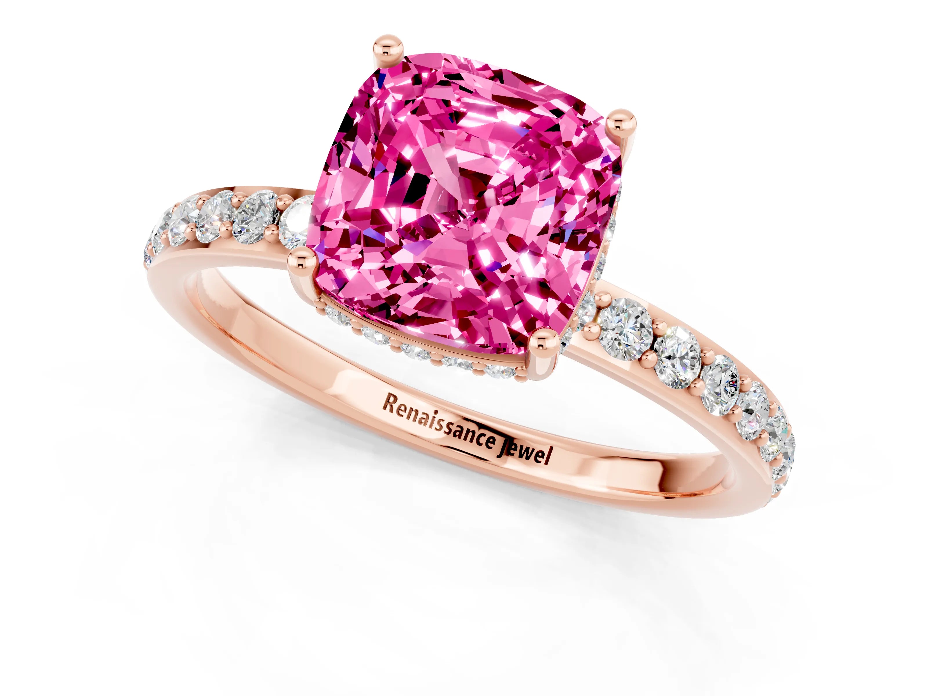 Rose gold Cushion Cut Pink Sapphire Solitaire Ring with Pavé Band and Hidden Halo_13