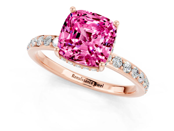 Rose gold Cushion Cut Pink Sapphire Solitaire Ring with Pavé Band and Hidden Halo