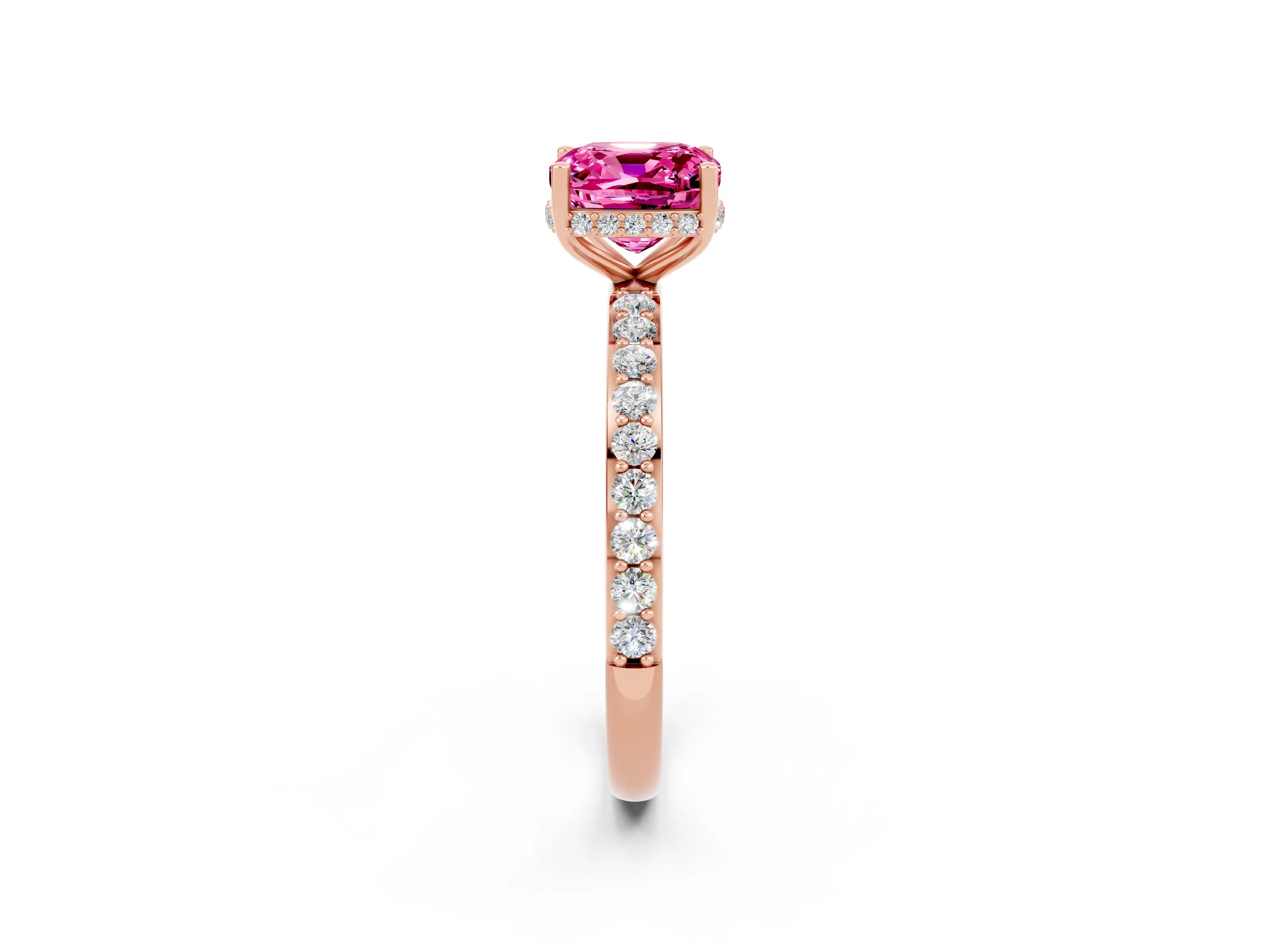 Rose gold Cushion Cut Pink Sapphire Solitaire Ring with Pavé Band and Hidden Halo_14