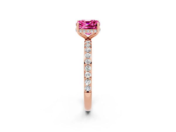 Rose gold Cushion Cut Pink Sapphire Solitaire Ring with Pavé Band and Hidden Halo