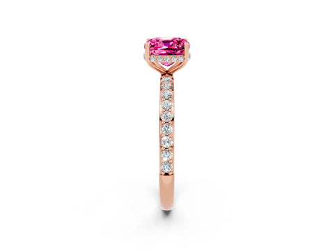 Rose gold Cushion Cut Pink Sapphire Solitaire Ring with Pavé Band and Hidden Halo_14