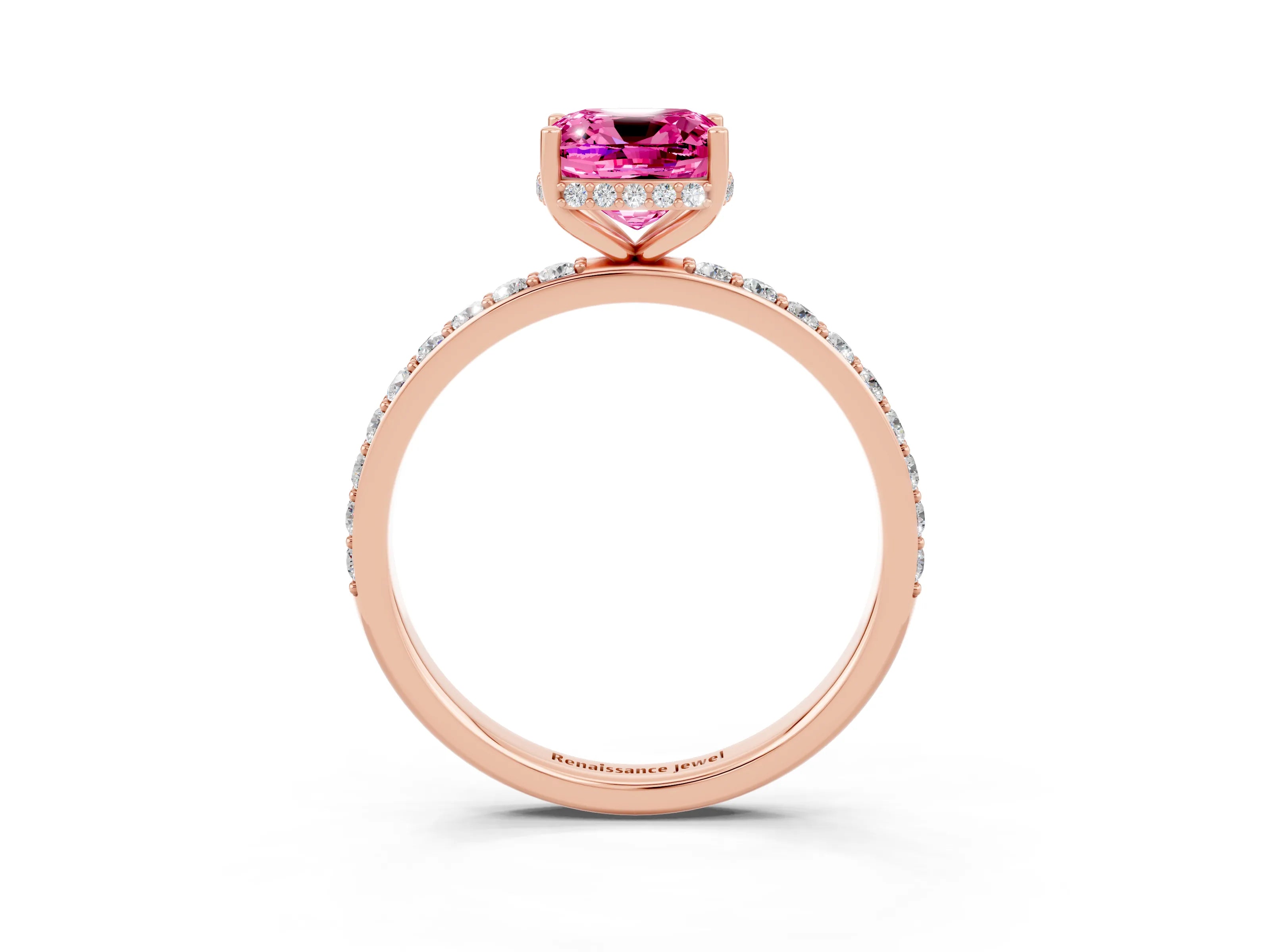 Rose gold Cushion Cut Pink Sapphire Solitaire Ring with Pavé Band and Hidden Halo_15