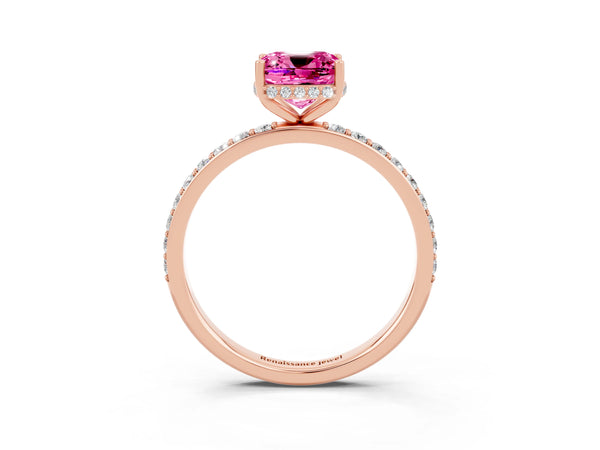 Rose gold Cushion Cut Pink Sapphire Solitaire Ring with Pavé Band and Hidden Halo