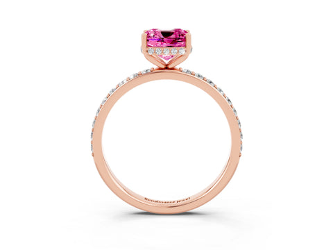 Rose gold Cushion Cut Pink Sapphire Solitaire Ring with Pavé Band and Hidden Halo_15