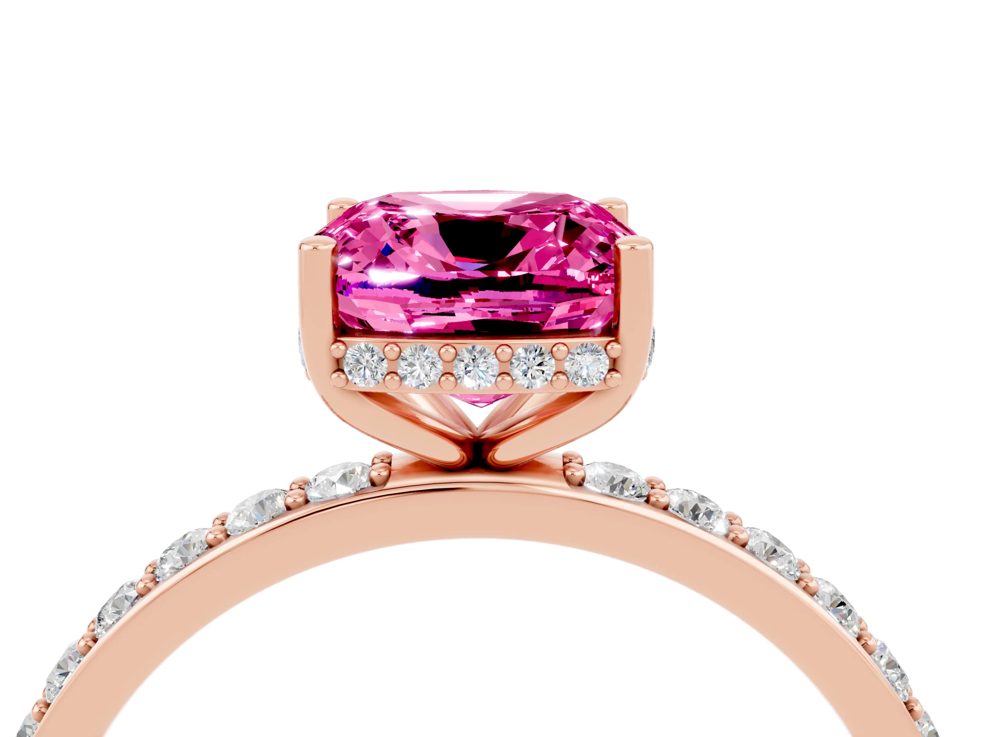 Rose gold Cushion Cut Pink Sapphire Solitaire Ring with Pavé Band and Hidden Halo_16