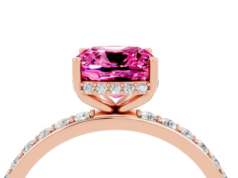 Rose gold Cushion Cut Pink Sapphire Solitaire Ring with Pavé Band and Hidden Halo_16