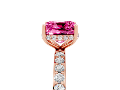 Rose gold Cushion Cut Pink Sapphire Solitaire Ring with Pavé Band and Hidden Halo_17