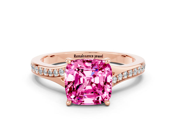 Rose gold Cushion Cut Pink Sapphire Solitaire Ring with Pavé Band and Prong Setting