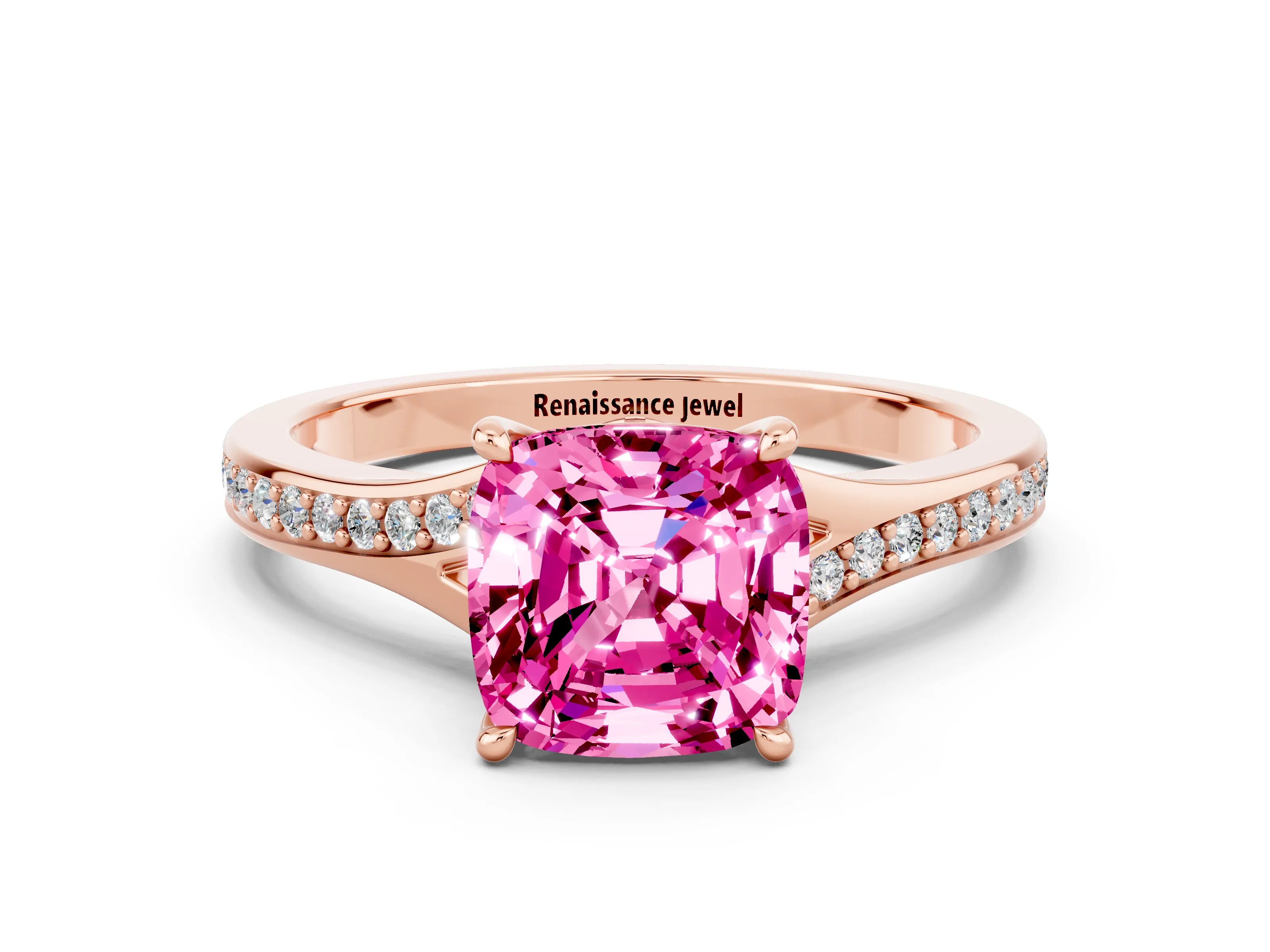 Rose gold Cushion Cut Pink Sapphire Solitaire Ring with Pavé Band and Prong Setting_12