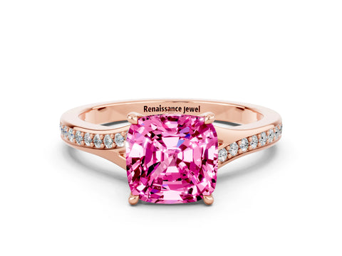 Rose gold Cushion Cut Pink Sapphire Solitaire Ring with Pavé Band and Prong Setting_12