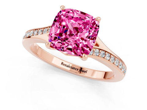 Rose gold Cushion Cut Pink Sapphire Solitaire Ring with Pavé Band and Prong Setting_13