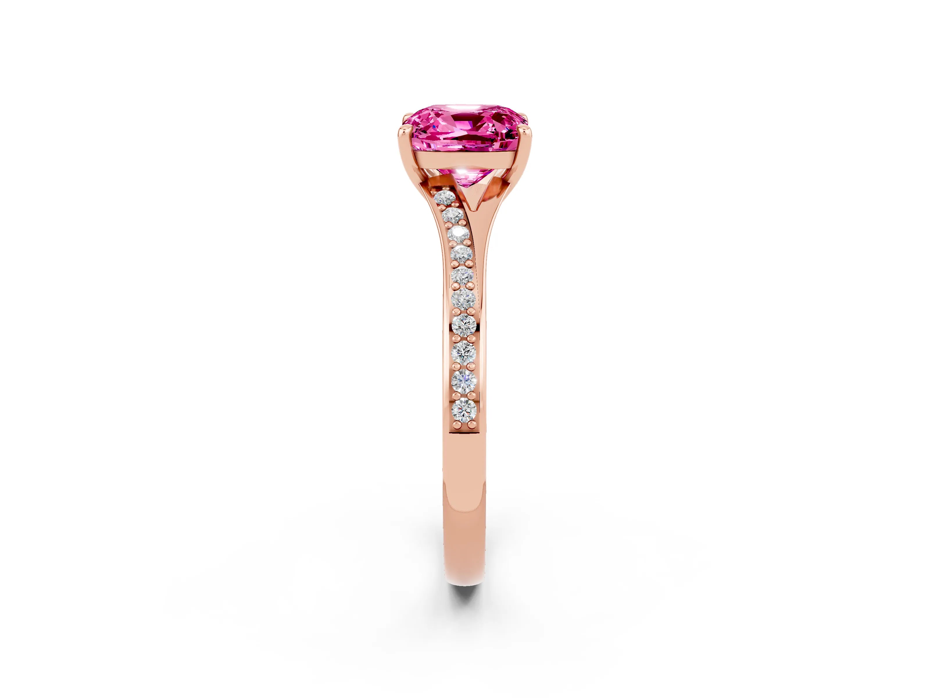 Rose gold Cushion Cut Pink Sapphire Solitaire Ring with Pavé Band and Prong Setting_14