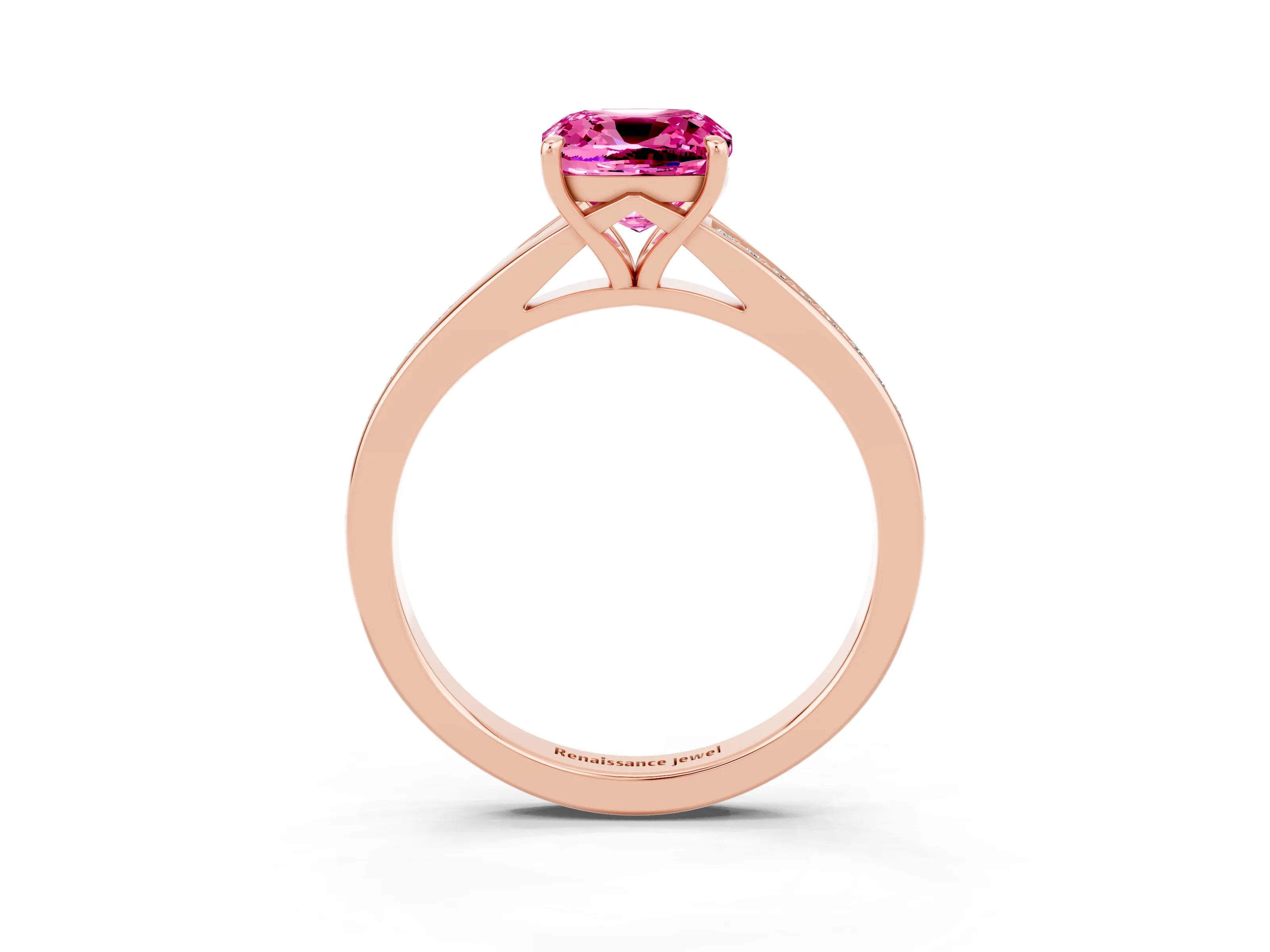 Rose gold Cushion Cut Pink Sapphire Solitaire Ring with Pavé Band and Prong Setting_15
