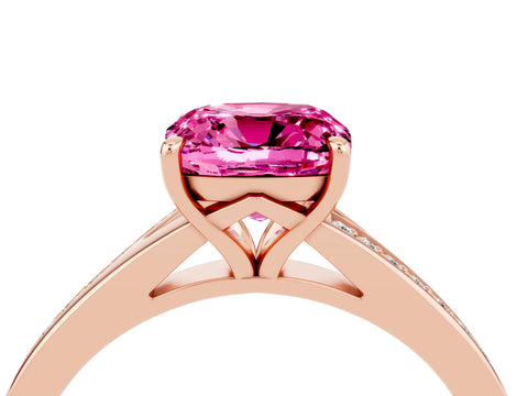 Rose gold Cushion Cut Pink Sapphire Solitaire Ring with Pavé Band and Prong Setting_16