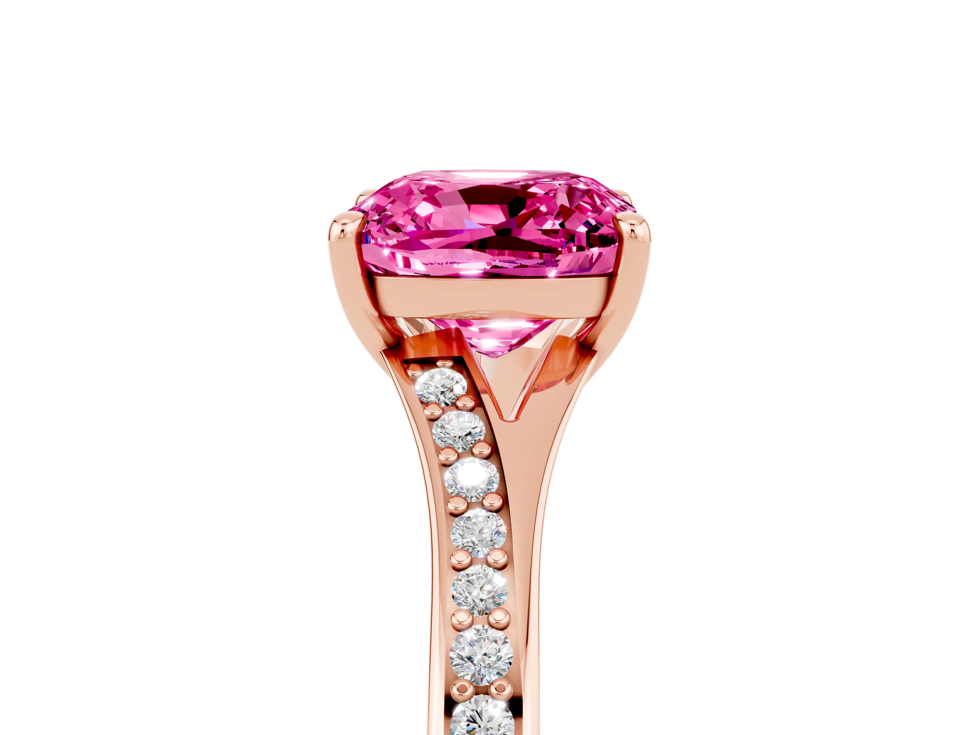 Rose gold Cushion Cut Pink Sapphire Solitaire Ring with Pavé Band and Prong Setting_17