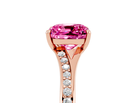 Rose gold Cushion Cut Pink Sapphire Solitaire Ring with Pavé Band and Prong Setting_17