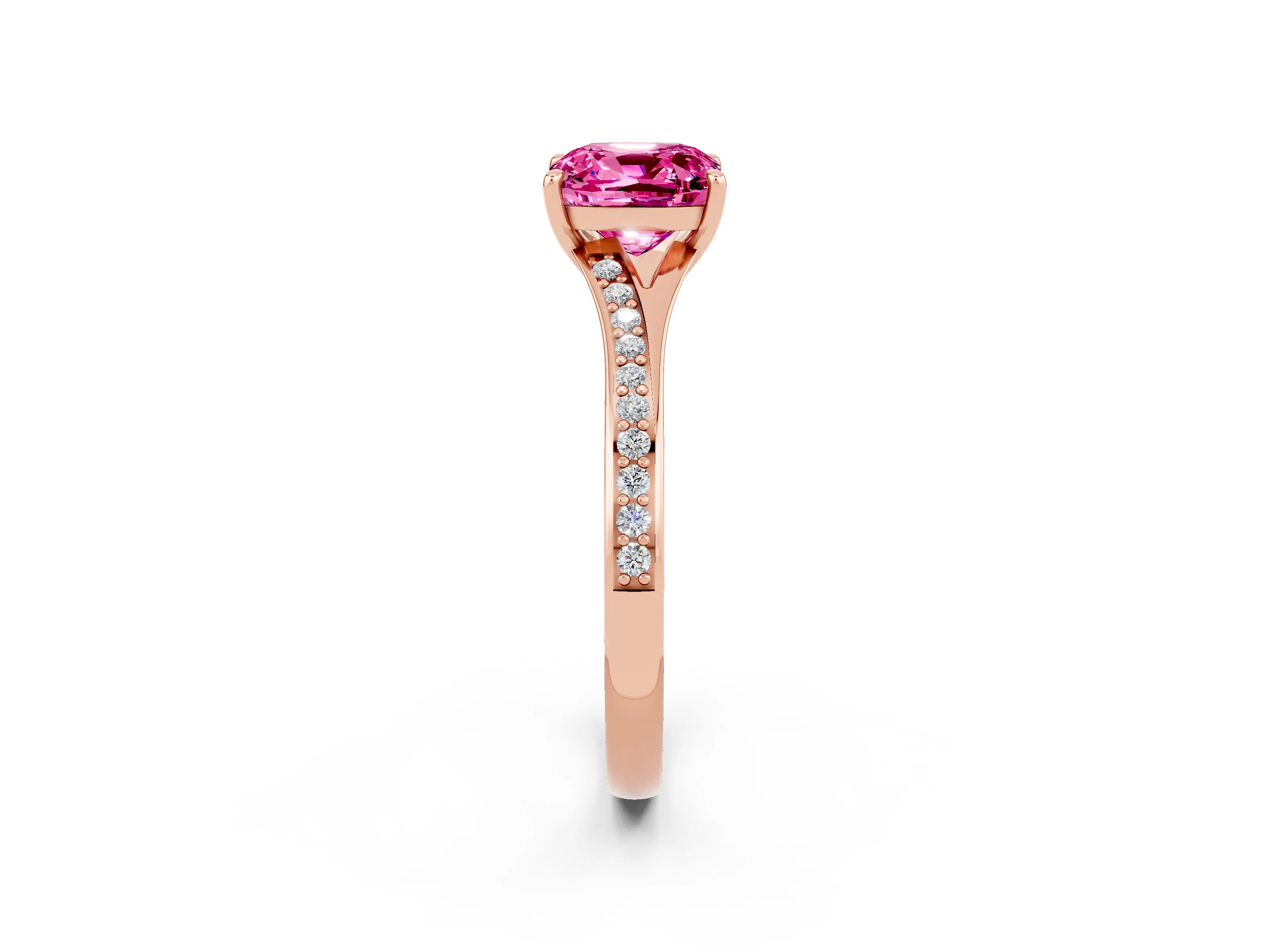Rose gold Cushion Cut Pink Sapphire Solitaire Ring with Pavé Band and Prong Setting_2