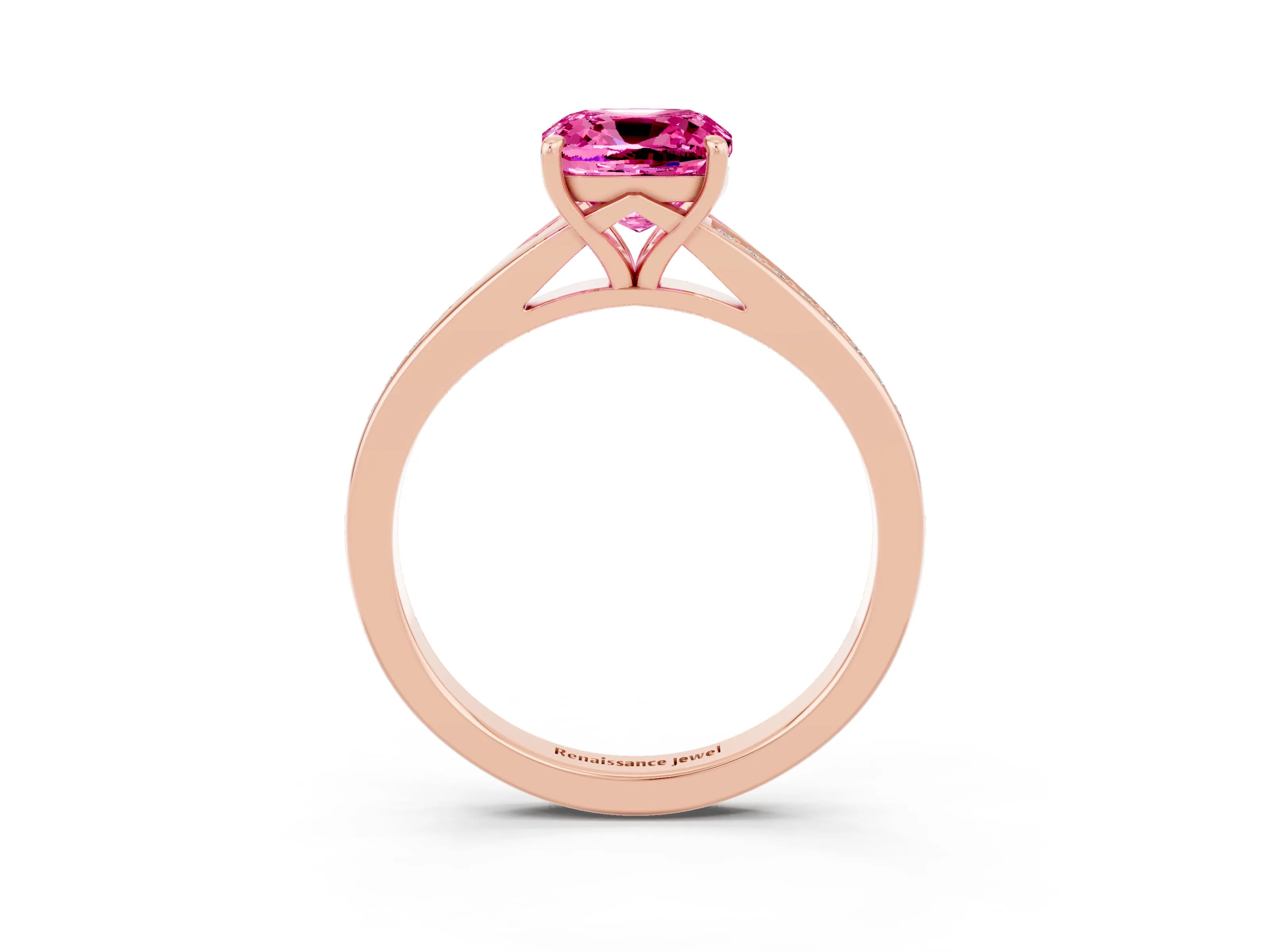 Rose gold Cushion Cut Pink Sapphire Solitaire Ring with Pavé Band and Prong Setting_3