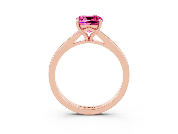 Rose gold Cushion Cut Pink Sapphire Solitaire Ring with Pavé Band and Prong Setting