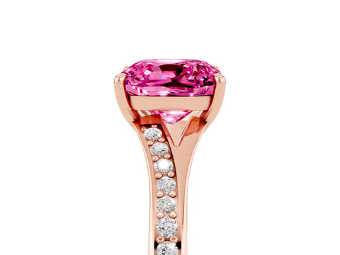 Rose gold Cushion Cut Pink Sapphire Solitaire Ring with Pavé Band and Prong Setting_5