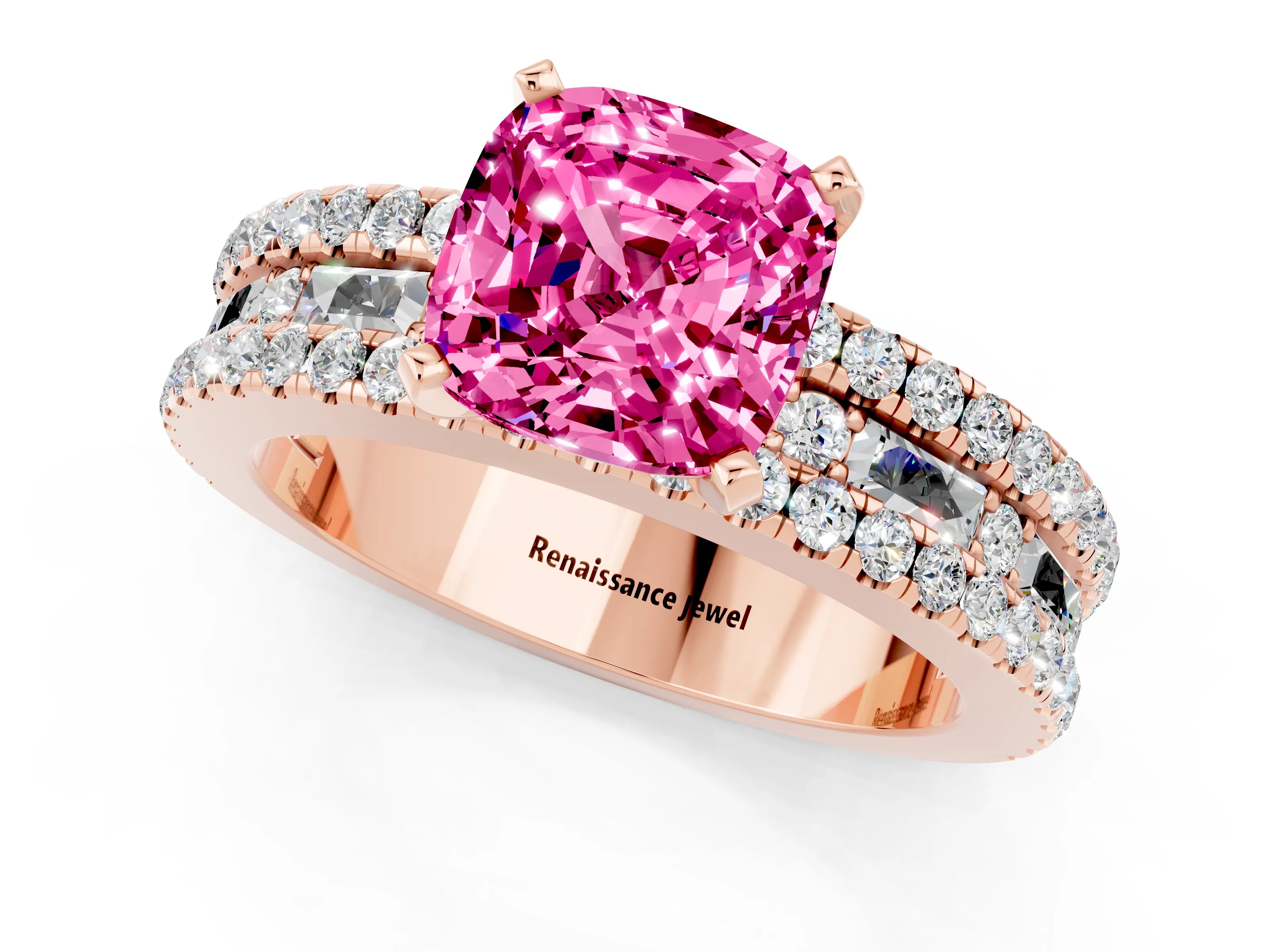 Rose gold Cushion Cut Pink Sapphire Solitaire Ring with Pavé and Channel Set Band_25