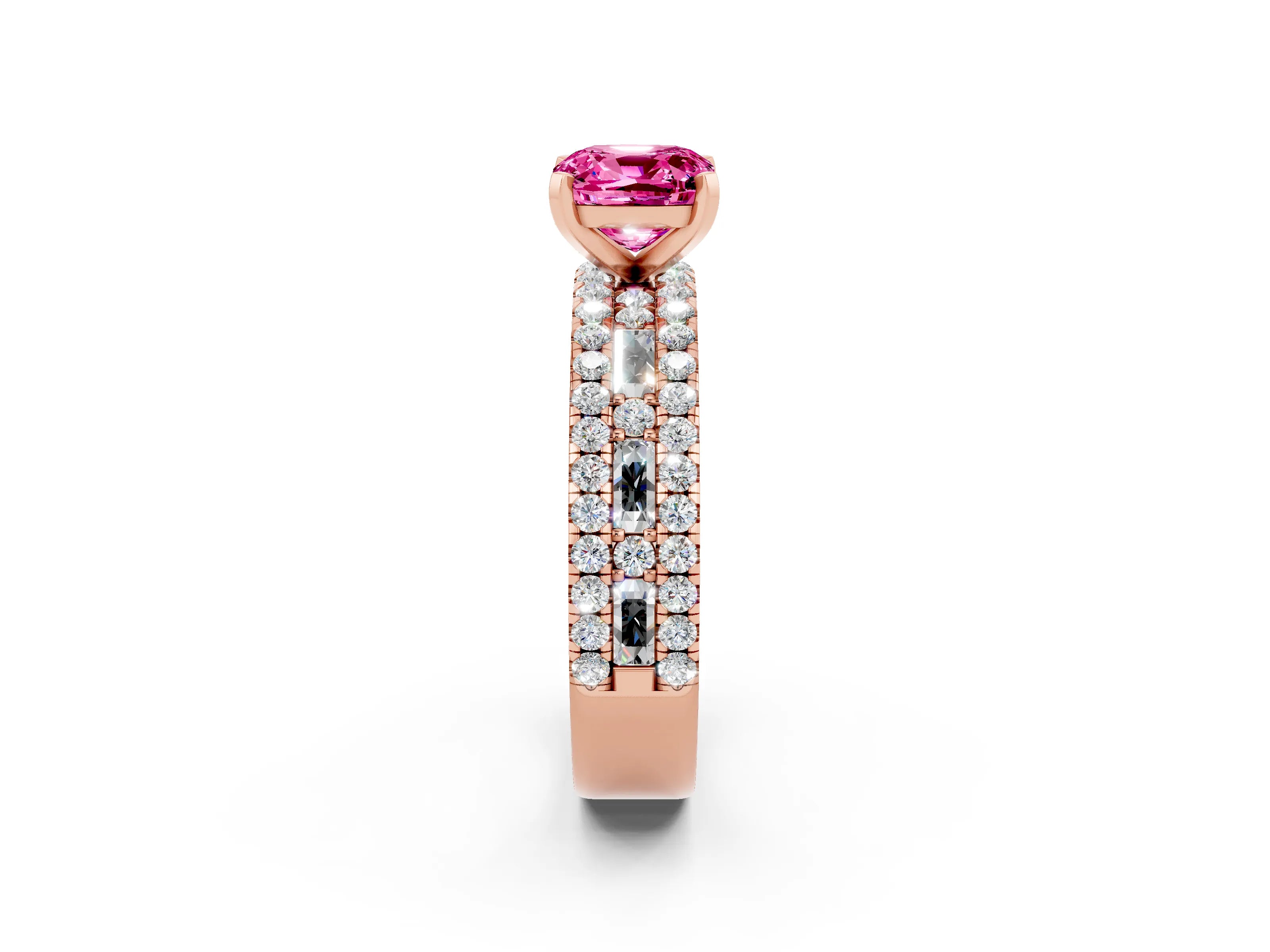 Rose gold Cushion Cut Pink Sapphire Solitaire Ring with Pavé and Channel Set Band_26