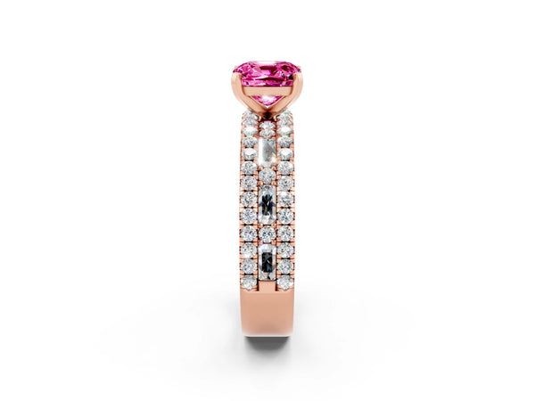 Rose gold Cushion Cut Pink Sapphire Solitaire Ring with Pavé and Channel Set Band