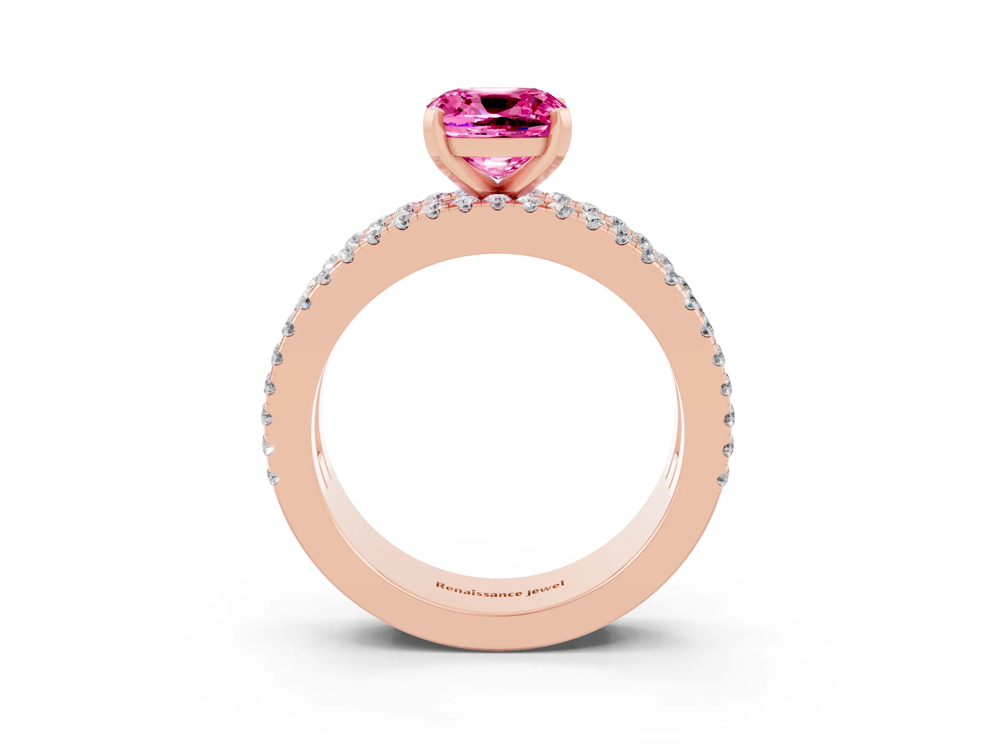 Rose gold Cushion Cut Pink Sapphire Solitaire Ring with Pavé and Channel Set Band_27