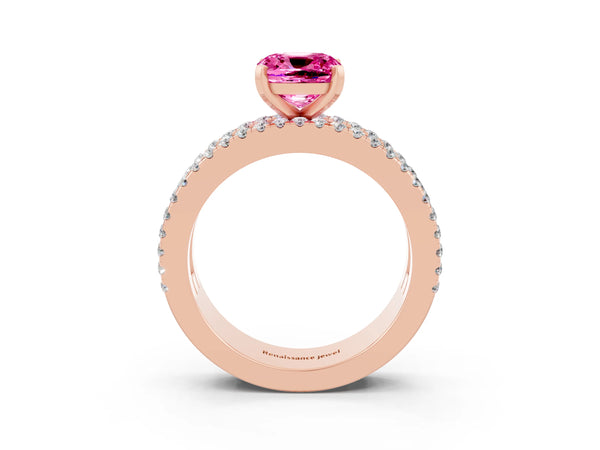 Rose gold Cushion Cut Pink Sapphire Solitaire Ring with Pavé and Channel Set Band