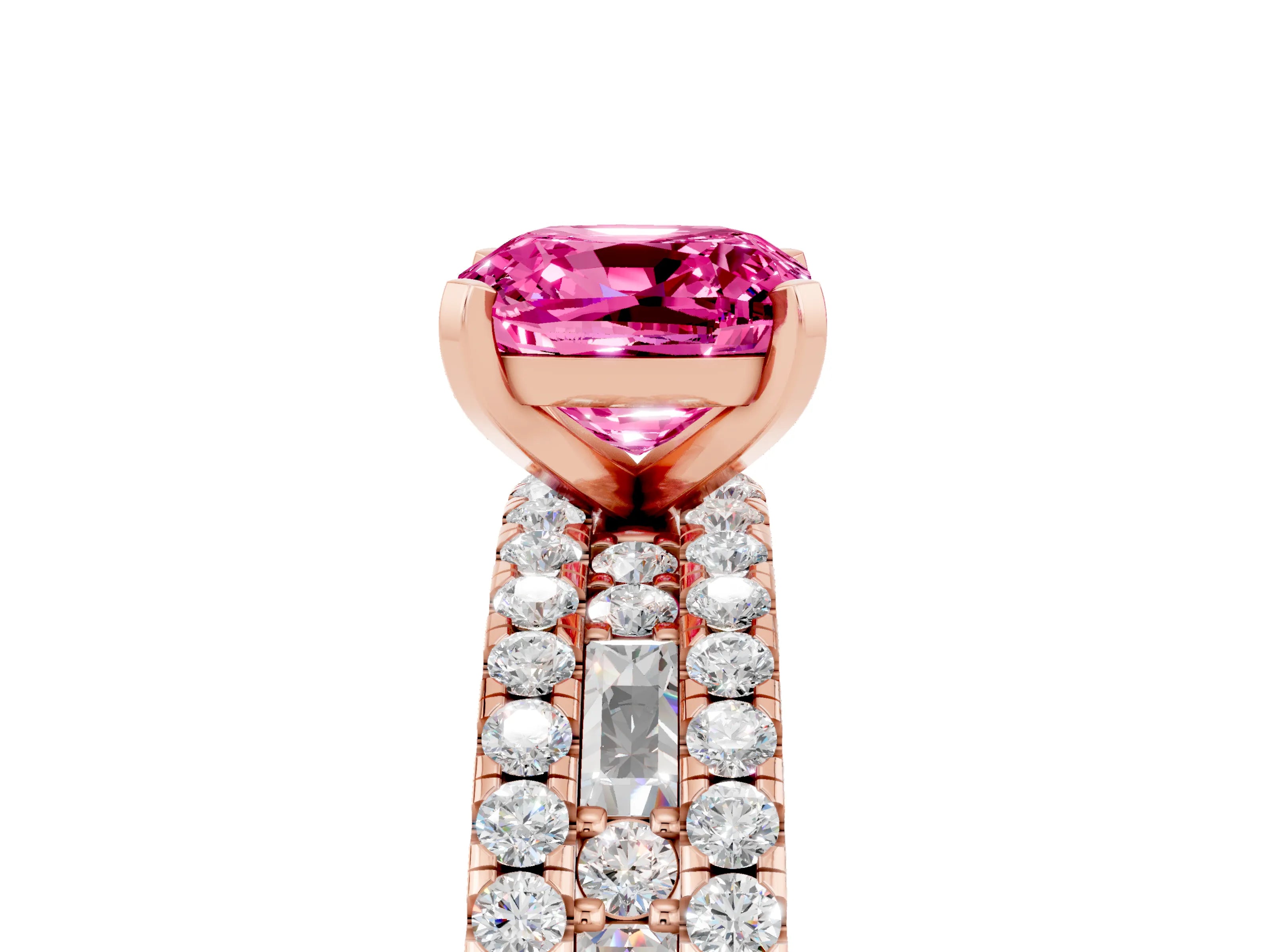 Rose gold Cushion Cut Pink Sapphire Solitaire Ring with Pavé and Channel Set Band_29