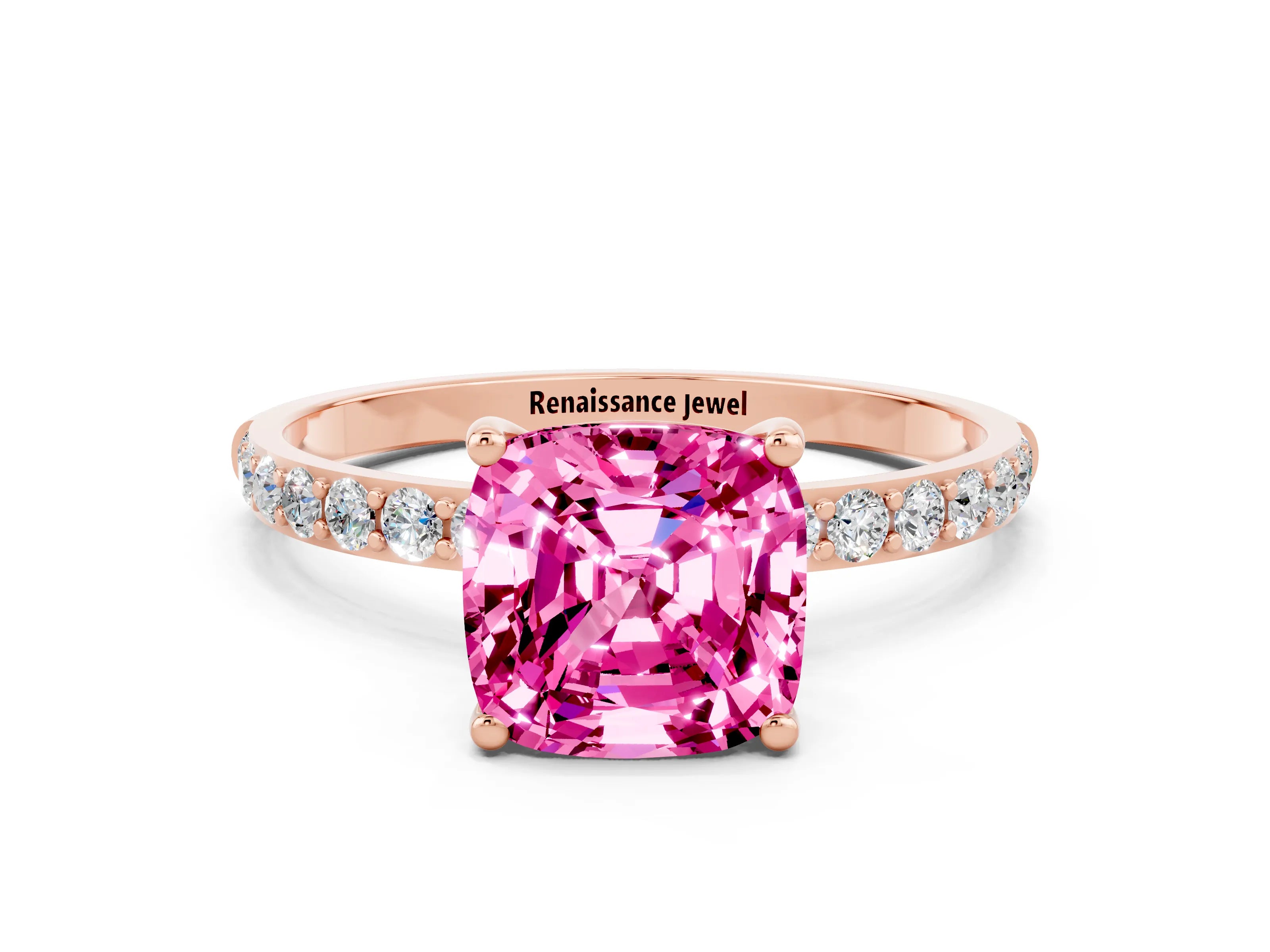 Rose gold Cushion Cut Pink Sapphire Solitaire Ring with Pave Band and Four Prong Setting_48