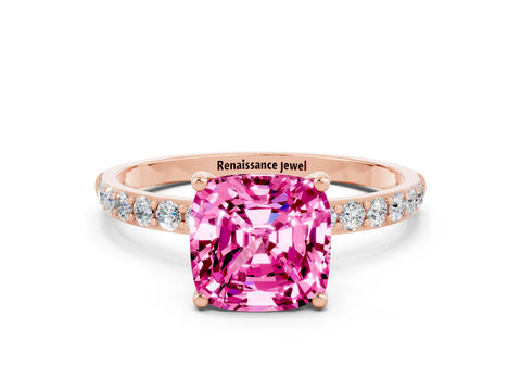 Rose gold Cushion Cut Pink Sapphire Solitaire Ring with Pave Band and Four Prong Setting_48