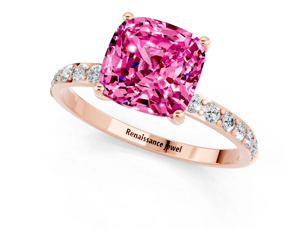 Rose gold Cushion Cut Pink Sapphire Solitaire Ring with Round  Pavé Band and Prong Setting