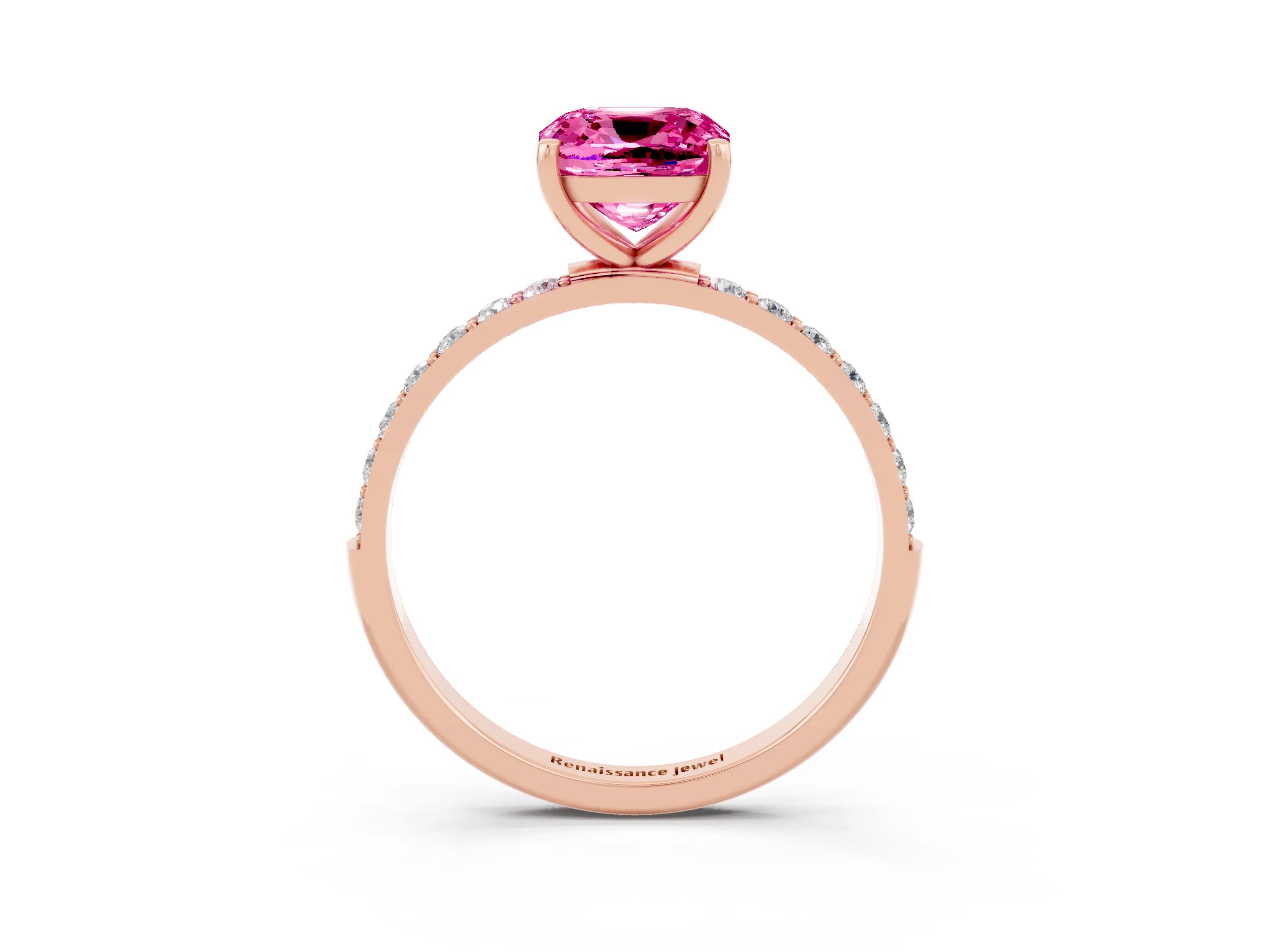 Rose gold Cushion Cut Pink Sapphire Solitaire Ring with Pave Band and Four Prong Setting_51