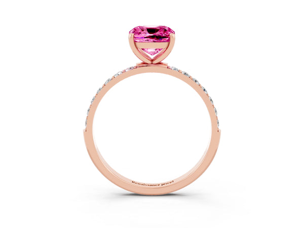 Rose gold Cushion Cut Pink Sapphire Solitaire Ring with Round  Pavé Band and Prong Setting