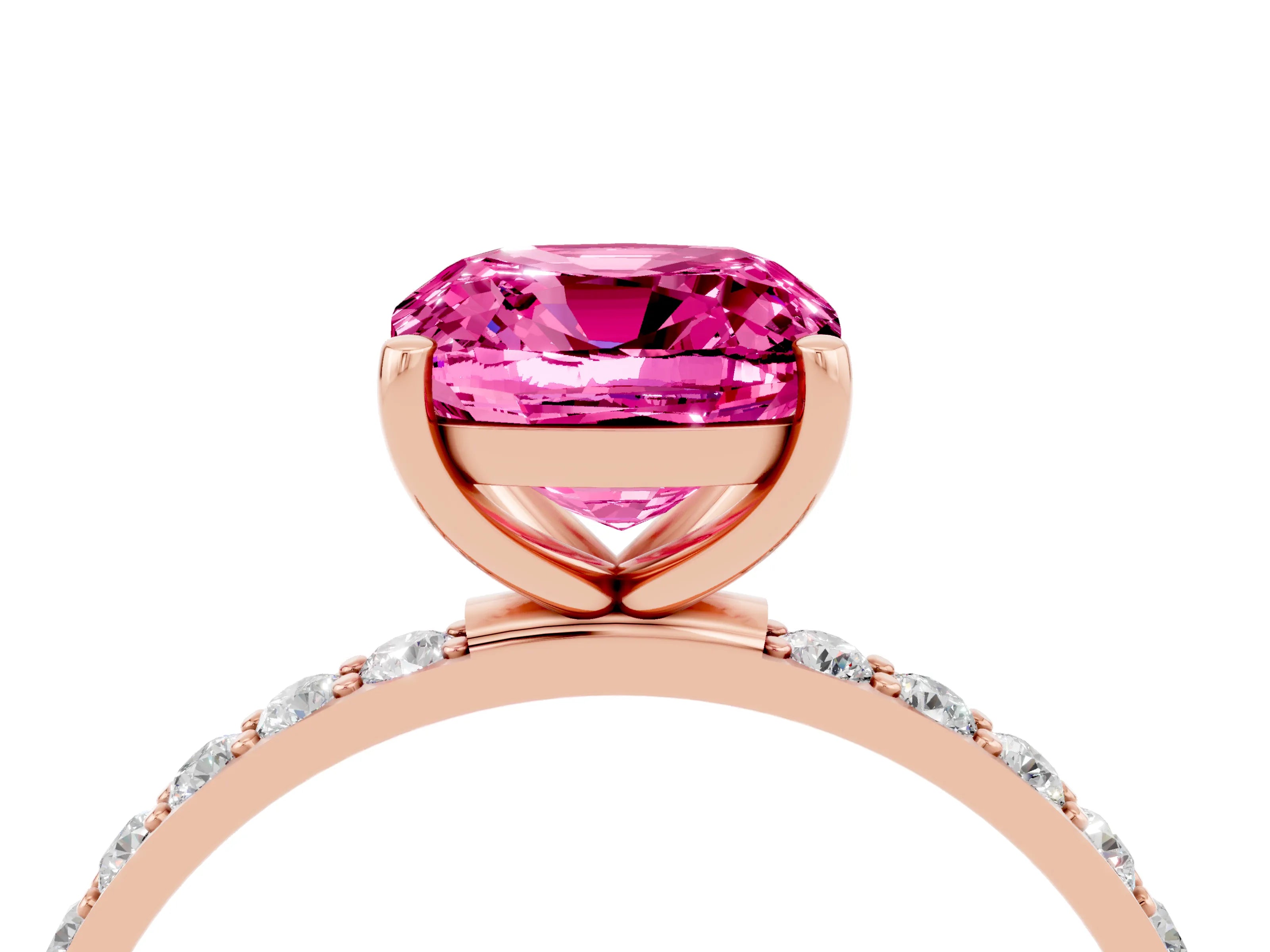 Rose gold Cushion Cut Pink Sapphire Solitaire Ring with Pave Band and Four Prong Setting_52