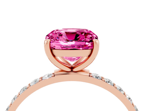 Rose gold Cushion Cut Pink Sapphire Solitaire Ring with Pave Band and Four Prong Setting_52