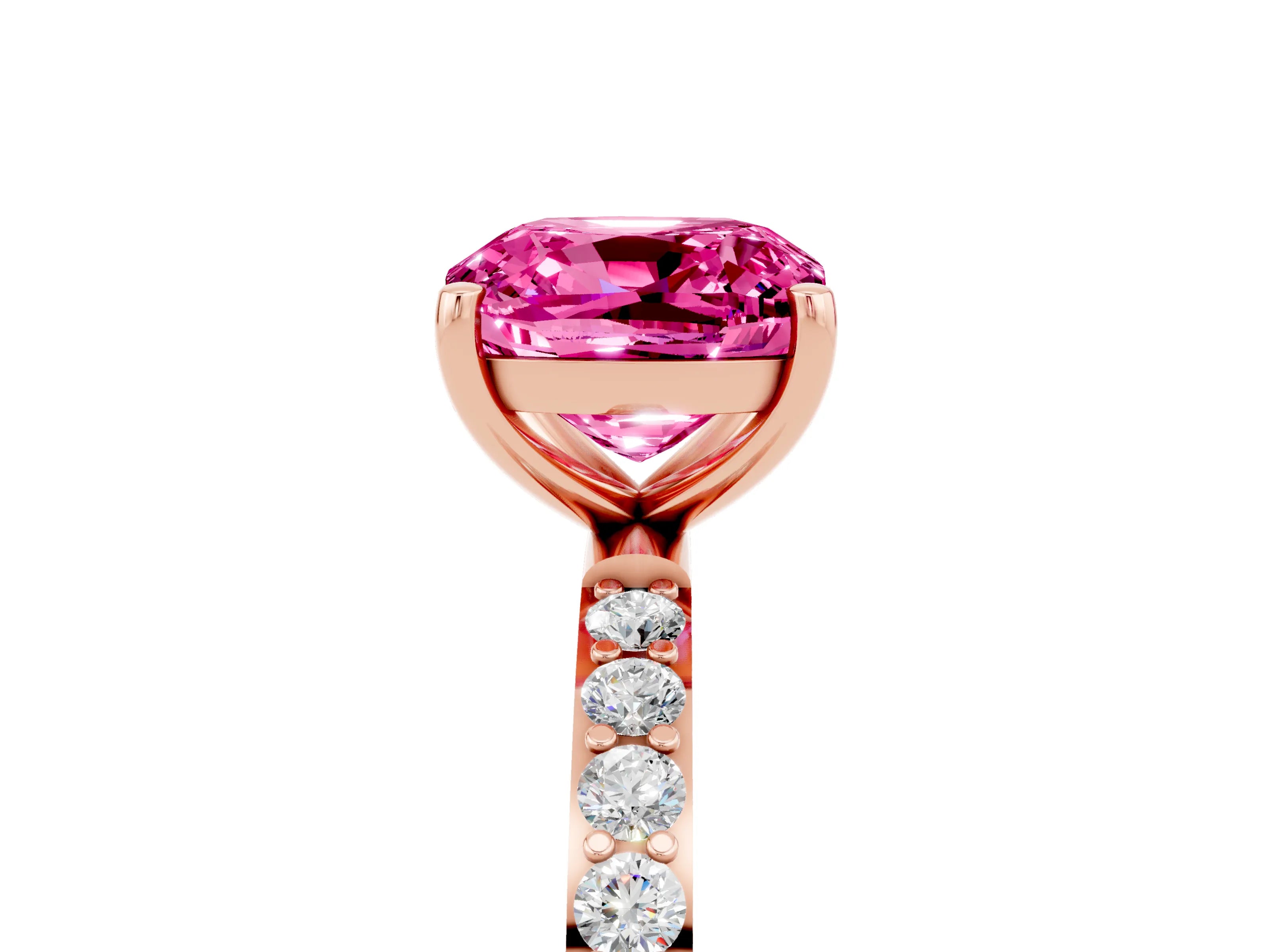 Rose gold Cushion Cut Pink Sapphire Solitaire Ring with Pave Band and Four Prong Setting_53