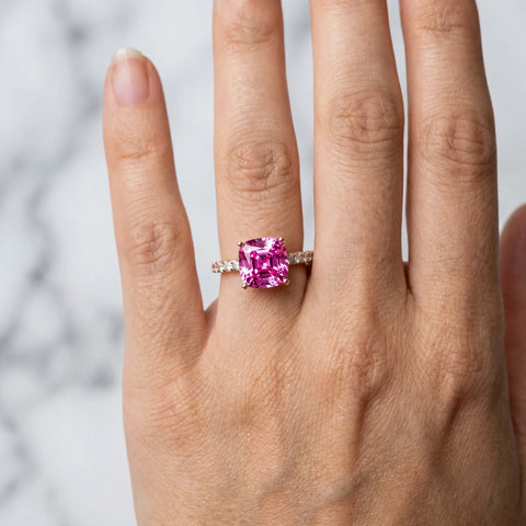 Rose gold Cushion Cut Pink Sapphire Solitaire Ring with Round  Pavé Band and Four-Prong Setting_30