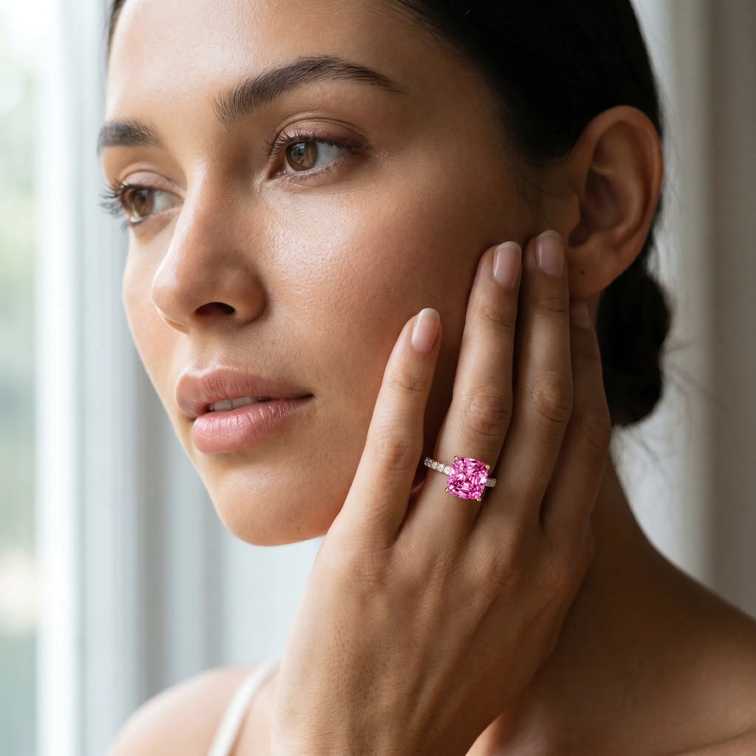 Rose gold Cushion Cut Pink Sapphire Solitaire Ring with Round  Pavé Band and Four-Prong Setting_31