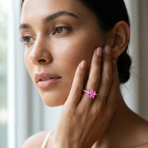 Rose gold Cushion Cut Pink Sapphire Solitaire Ring with Round  Pavé Band and Four-Prong Setting_31