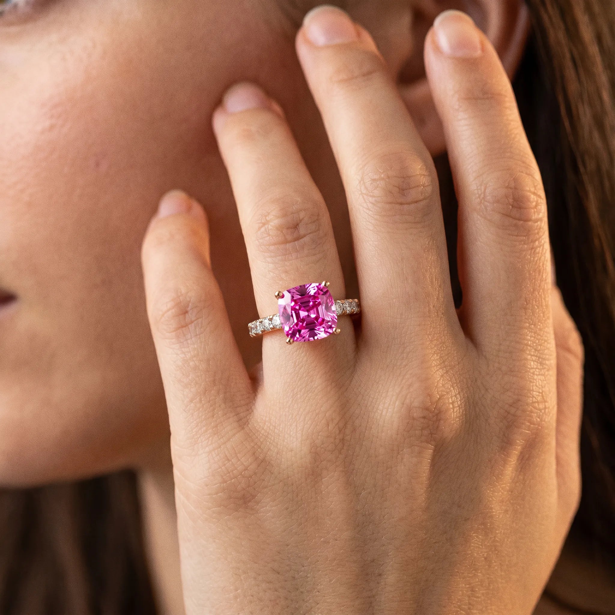 Rose gold Cushion Cut Pink Sapphire Solitaire Ring with Round  Pavé Band and Four-Prong Setting_32