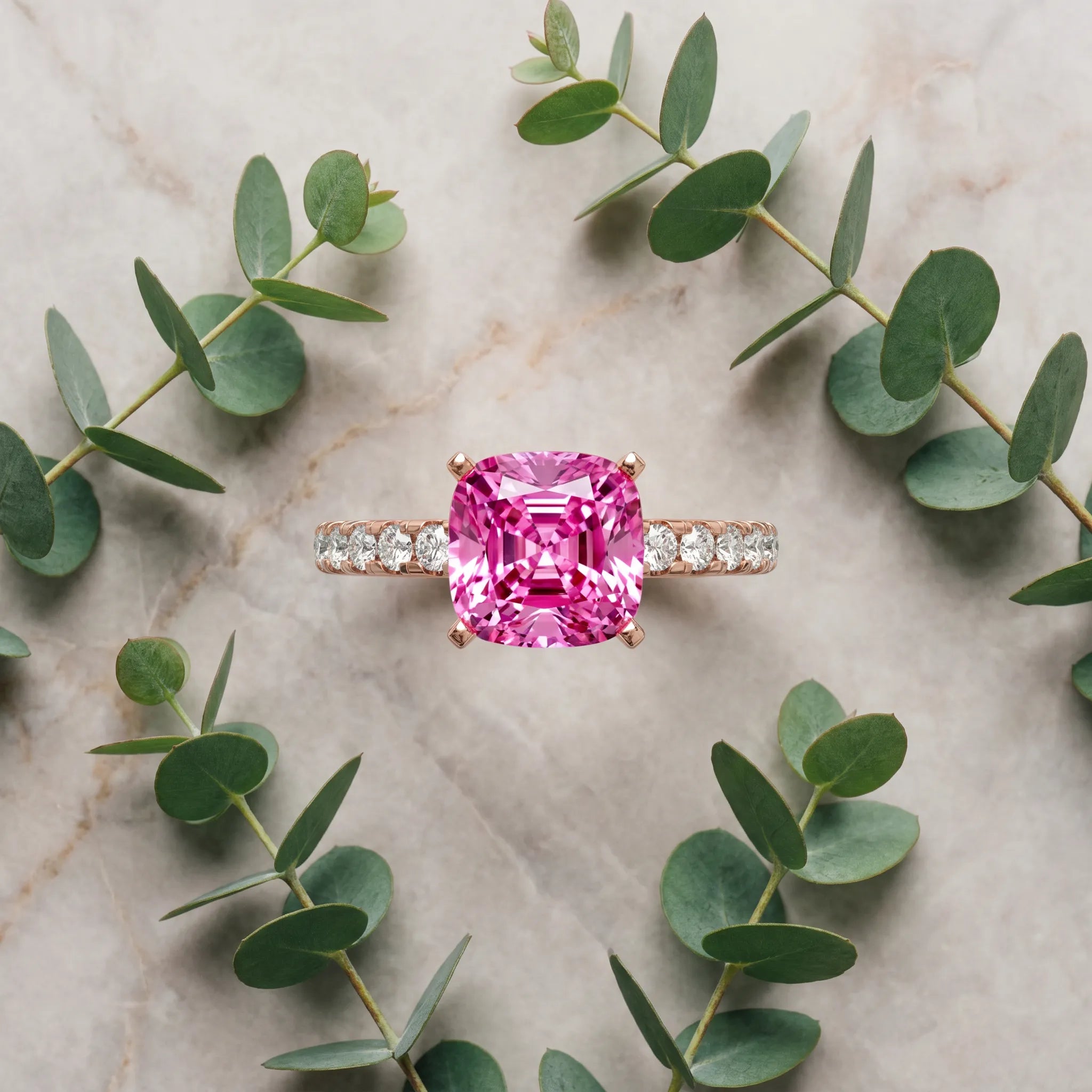 Rose gold Cushion Cut Pink Sapphire Solitaire Ring with Round  Pavé Band and Four-Prong Setting_33