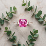 Rose gold Cushion Cut Pink Sapphire Solitaire Ring with Round  Pavé Band and Four-Prong Setting_33