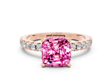 Rose gold Cushion Cut Pink Sapphire Solitaire Ring with Round  Pavé Band and Four-Prong Setting_44