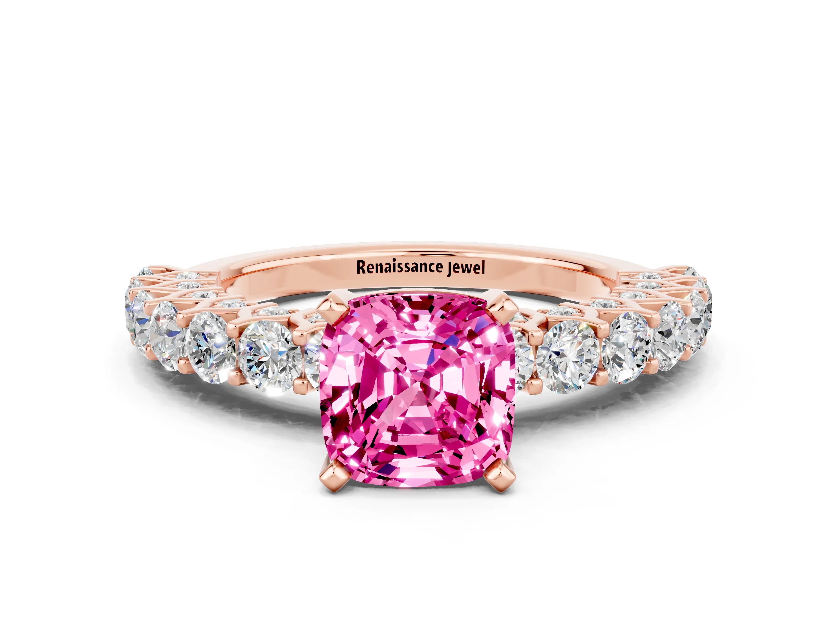 Rose gold Cushion Cut Pink Sapphire Solitaire Ring with Shared Prong Pavé Band and Four-Prong Setting