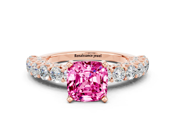 Rose gold Cushion Cut Pink Sapphire Solitaire Ring with Shared Prong Pavé Band and Four-Prong Setting